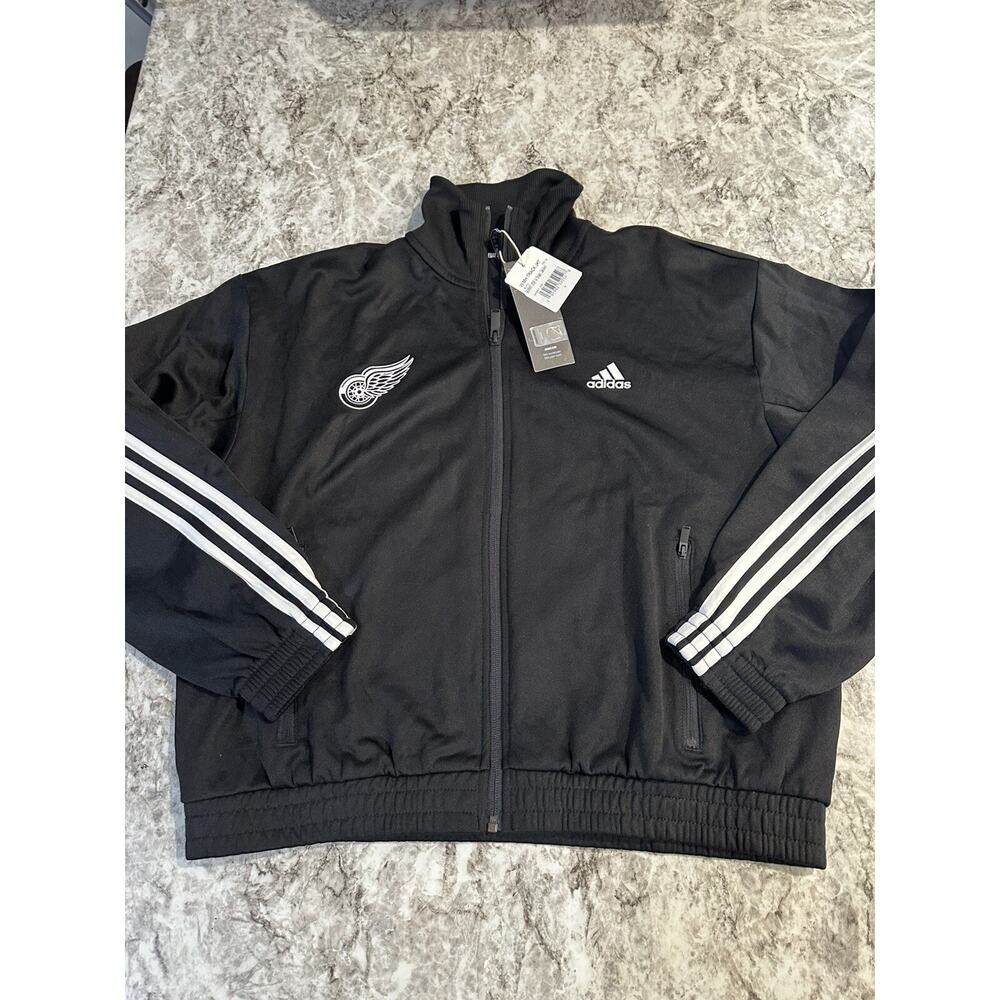 NWT Women’s Adidas Detroit Red Wings Track Jacket Medium Black Full Zip 3 Stripe